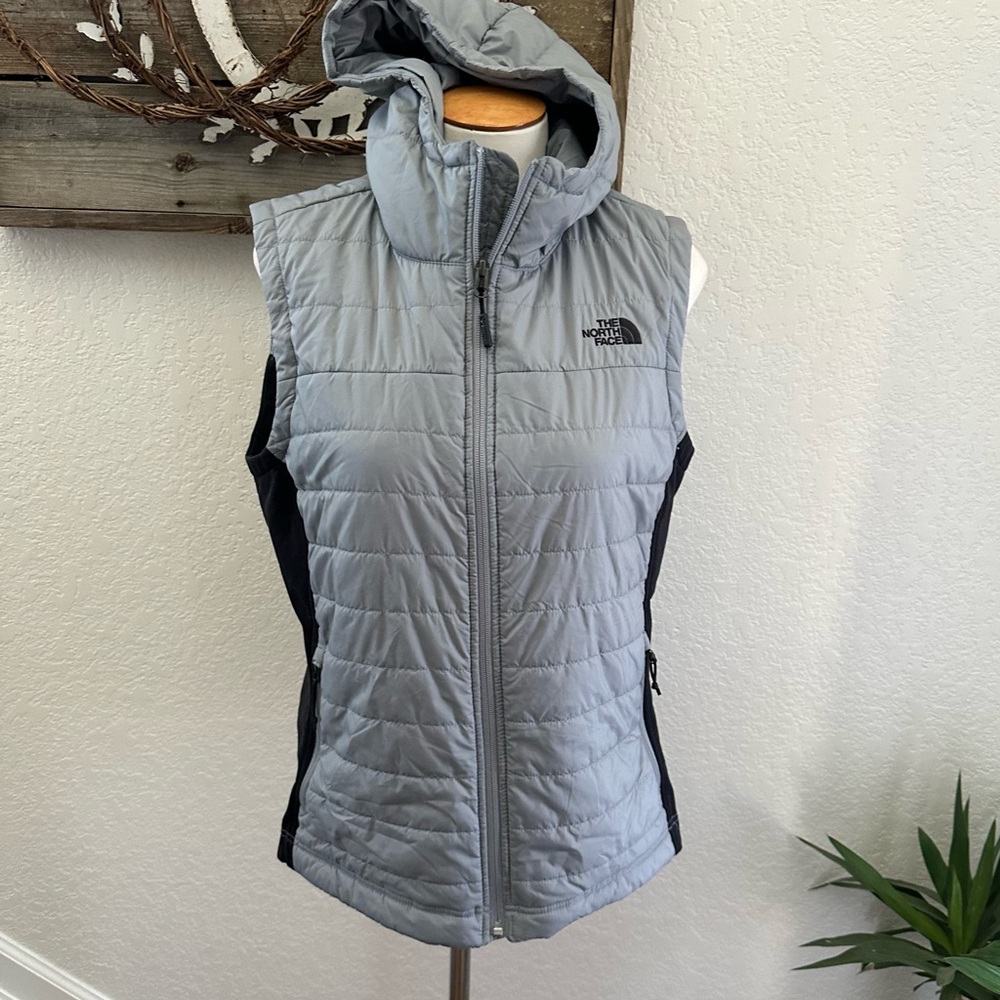 The North Face gray/black hooded puffer vest ladies size Large